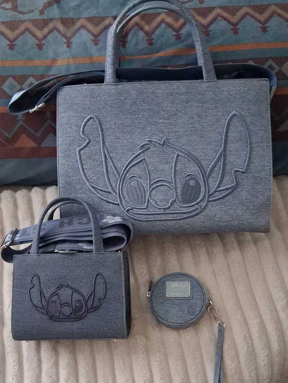 Loungefly Disney Blue Denim Lilo Stitch Tote, Mini Crossbody, Coin Purse 3pc Set